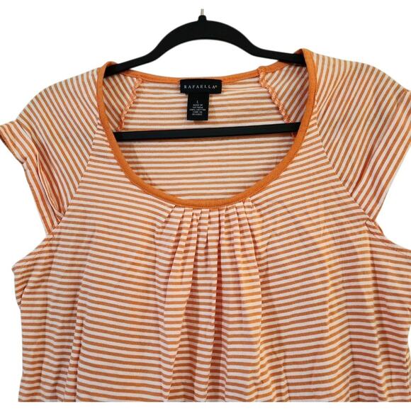 Rafaella Womens Tee Size L Orange White Striped Cuffed Raglan Sleeve Pleated Top - Picture 3 of 8
